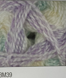 Swatch of Baby Marble DK yarn in shade BM39 (purple, pale yellow and green shades)