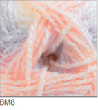 Swatch of Baby Marble DK yarn in shade BM8 (white, pale coral and purple shades)
