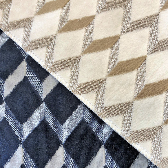Swatches of Brent upholstery fabric - velvet texture in a geometric diamond print