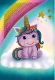 Completed unicorn smile crystal art notebook (smiling purple unicorn on cloud, sky background with rainbow)