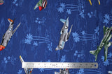 Flat swatch California themed fabric in Fighter Planes on Blue