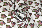 Swirled swatch Celebrate America! printed fabric in Little Barns & American Flags on White