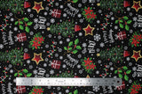 Flat swatch Be Merry, Happy Holidays fabric (black fabric with loosely tossed christmas elements allover: white snowflakes, "Happy Holidays" "Be Merry" white text, red presents, red and gold stars, green christmas trees, green and red holly and poinsettia plants)