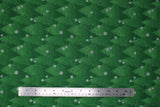 Flat swatch Trees fabric (dark green fabric with light green dotted trees with tossed white snowflakes)