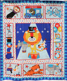 Full panel swatch - Circus Panel - 36" x 45" (light and dark blue triangle border panel with white background with multi coloured polka dots, 7 square/rectangular badges with cartoon style circus animals within, "Circus" text, etc.)