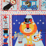 Square swatch - Circus Panel - 36" x 45" (light and dark blue triangle border panel with white background with multi coloured polka dots, 7 square/rectangular badges with cartoon style circus animals within, "Circus" text, etc.)