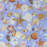 Square swatch coastal paradise fabric (pale blue/purple fabric with tossed colourful seashells allover in white, natural, orange, etc. starfish, conch, etc.)