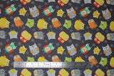 Flat swatch Colourful Owls fabric (charcoal grey fabric with busy tossed colourful doodle style owls allover in grey, yellow, green, teal, red shades)