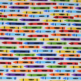 Square swatch Crayons fabric (white fabric with coloured crayons with colour labels allover: blue, yellow, red, orange, green, etc.)