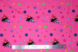 Flat swatch colourful print in pink (bees and multi-coloured hexagons)