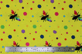 Flat swatch colourful print in yellow (bees and multi-coloured hexagons)