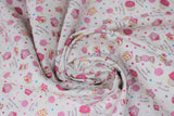 Swirled swatch cupcakes fabric (white fabric with tossed blue, yellow, light and dark pink polka dots, tossed cartoon cupcakes, candies, and lollipops in pink shades, "oh so sweet" tiny cursive writing, etc.)