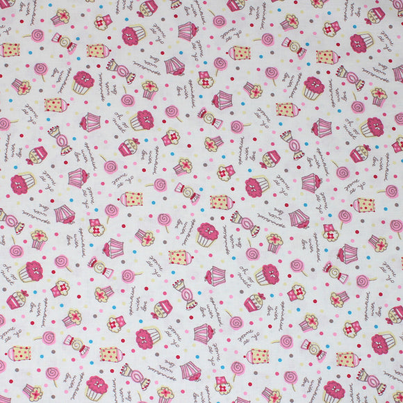 Square swatch cupcakes fabric (white fabric with tossed blue, yellow, light and dark pink polka dots, tossed cartoon cupcakes, candies, and lollipops in pink shades, 