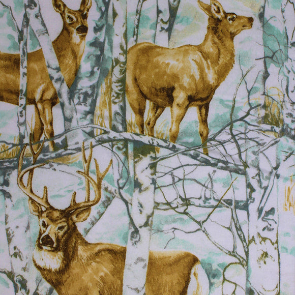 Square swatch deer fabric (cartoon forest scene in washed green, grey and white, birch trees and greenery with brown male and female deer in various poses)