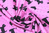 Swirled swatch schnauzer fabric (bright pink fabric with black schnauzer dog silhouettes and tiny black polka dots)
