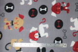 Flat swatch dogs and bones fabric (medium grey fabric with cartoon dogs in tan, white, and burgundy combinations tossed with black bone outlines and black polka dots with white and burgundy bones)