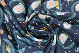 Swirled swatch Marlin fabric (dark blue fabric with circular submarine window look badges allover with cartoon fisherman inside, tossed small bubbles and small sea creatures/fish all around)