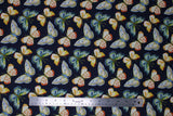 Flat swatch fabric in butterflies (dark blue/black fabric with medium sized butterflies in diagonal rows in white, yellow, orange, blue, green colourway)