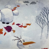 Swatch of "Olaf" frozen snowman on white/grey with colourful leaves and tree accents
