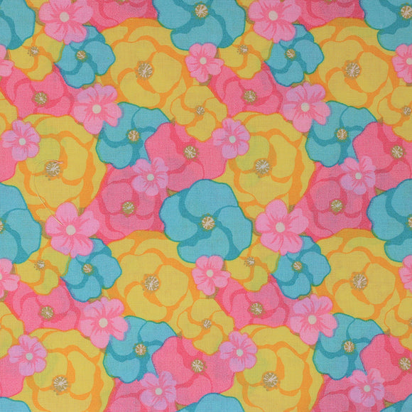 Square swatch multi colour flowers fabric (brightly coloured floral heads in yellow, pink, and baby blue collaged allover in various sizes)