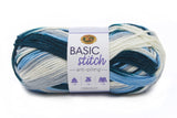 Ball of Lion Brand Basic Stitch Anti-Pilling in colourway Fairview (light blue, navy blue, light grey, white)