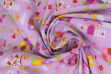 Swirled swatch fairy garden fabric (pale light purple fabric with brightly coloured tossed cartoon fairy related emblems including fairies, houses with picket fences, tossed floral and clouds, etc.)