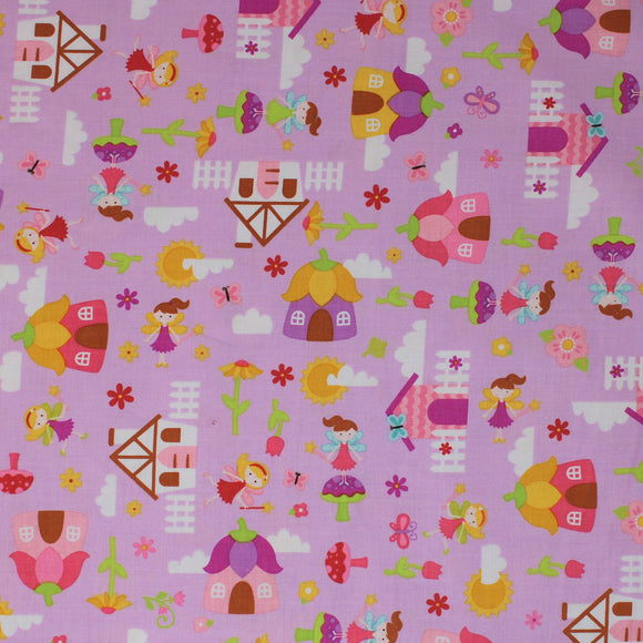Square swatch fairy garden fabric (pale light purple fabric with brightly coloured tossed cartoon fairy related emblems including fairies, houses with picket fences, tossed floral and clouds, etc.)