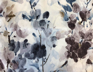 Fanned swatches of smooth, tightly woven white upholstery fabric with printed watercolour floral patterns.  The top colourway features navy and dark brown shades, the middle has pinks, yellows and light blues with green leaves, and the bottom features mid blues and mid browns.