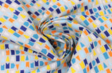 Swirled swatch flags fabric (grey fabric with tiny rectangle and pointy flag shapes allover in navy, blue shades, orange, white and yellow)
