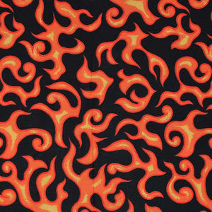 Square swatch Flames fabric (black fabric with tossed orange and yellow abstract flame look shapes allover)