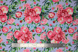 Flat swatch berkshire garden fabric (pale grey/blue fabric with subtle stripe and large tossed pink and red floral bouquets with greenery allover)