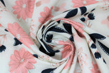 Swirled swatch blush fabric (white fabric with large tossed pink and black floral heads, leaves, stems)