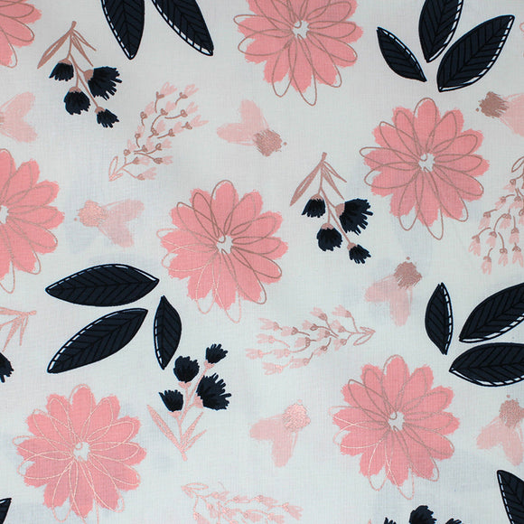 Square swatch blush fabric (white fabric with large tossed pink and black floral heads, leaves, stems)