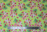 Flat swatch fruitful pleasures fabric (lime green fabric with tulip bouquets repeated allover in pinks and yellows with green stems)