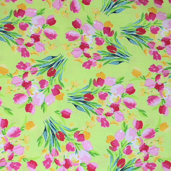 Square swatch fruitful pleasures fabric (lime green fabric with tulip bouquets repeated allover in pinks and yellows with green stems)