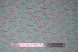 Flat swatch lancelot fabric (pale turquoise fabric with cartoon brown trees with tiny blue leaves print allover)