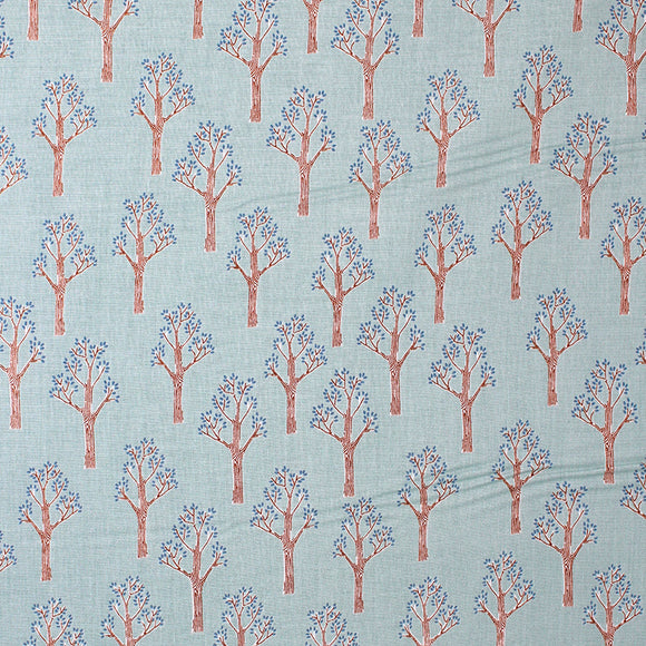 Square swatch lancelot fabric (pale turquoise fabric with cartoon brown trees with tiny blue leaves print allover)