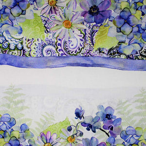 Square swatch Floral Stripe fabric (white fabric with large striped clusters of floral design in blue, purple, green shades with floral heads, leaves and paisley look design)