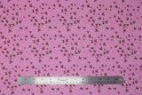 Flat swatch daisies pink fabric (bright pink fabric with small tossed white daisies allover with dark red/orange centers and brown/maroon stems)