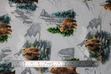 Flat swatch grizzly mountain fabric (white fabric with drawn style mountains in pencil and realistic looking trees and bears)