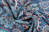 Swirled swatch blue circles fabric (black fabric with small to large circles comprised of coloured dots in black, white, pink, green, red, blue, etc. majority blue colourway)
