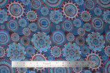 Flat swatch blue circles fabric (black fabric with small to large circles comprised of coloured dots in black, white, pink, green, red, blue, etc. majority blue colourway)