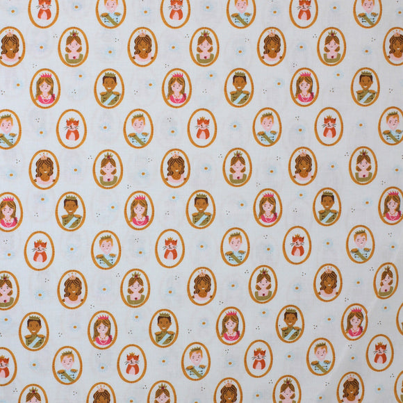 Square swatch Guinevere fabric (palest turquoise and white striped background with cartoon princes, princesses, and orange cats all wearing crowns within gold oval frames allover)