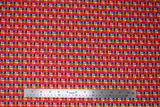 Flat swatch hearts fabric (red fabric with lines of small hearts allover in white, black, and rainbow colours)