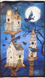 Full panel swatch - Haunted Birdhouse Panel - 24" x 45" (blue night sky printed rectangular panel with black outline: black tree branches, black crows, Victorian style birdhouses, full moon, spider webs, etc.)