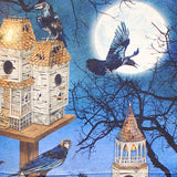 Square swatch - Haunted Birdhouse Panel - 24" x 45" (blue night sky printed rectangular panel with black outline: black tree branches, black crows, Victorian style birdhouses, full moon, spider webs, etc.)