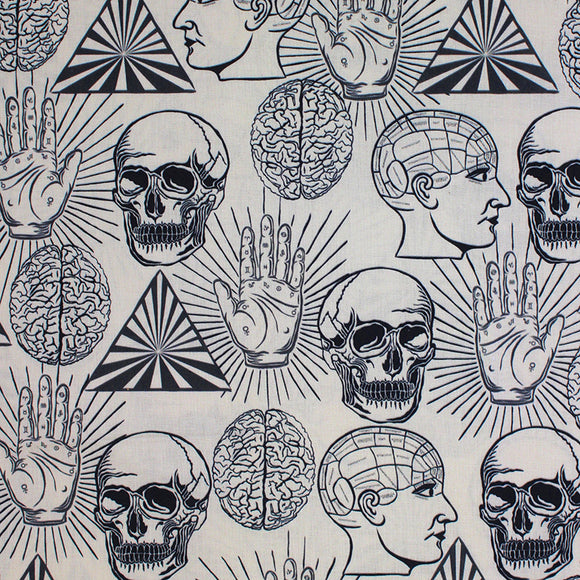 Square swatch human fabric (off white fabric with medium sized human related emblems in black: skull, human side profile with bald skull and parts of the head mapped out, human hand with zodiac related symbols on it, brain shape, black and white triangle)