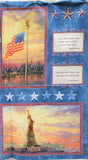 Full panel swatch - New York Panel (44" x 24") (Blue rectangular panel featuring horizontal flag and skyline image, and statue of liberty image, two American themed quotes in decorative squares and decorative stars)