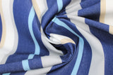 Swirled swatch indigo stripe fabric (white, grey, beige, dark blue, light blue striped fabric in varying stripe widths and alternating colour pattern)