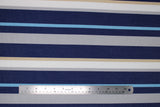 Flat swatch indigo stripe fabric (white, grey, beige, dark blue, light blue striped fabric in varying stripe widths and alternating colour pattern)